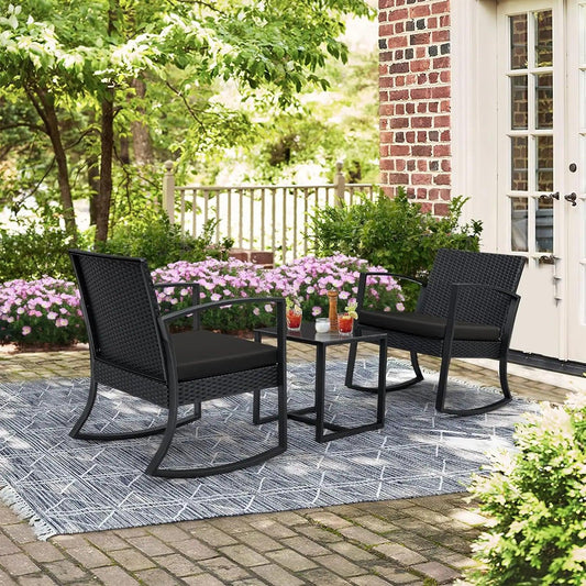 3 Pieces Set Patio Bistro Rocking Chairs with Glass Coffee Table - Housestylz.com